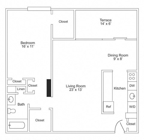Floor plan for 1 bed, 1 bath, 886 sqft